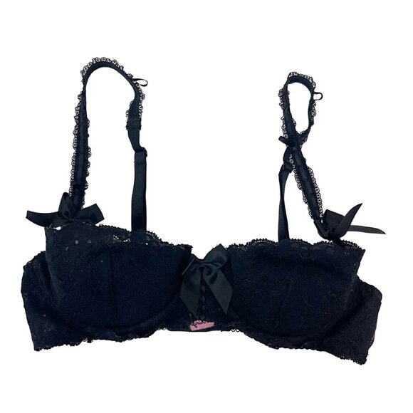 Vintage Victoria's Secret Black Lace Push Up Balconette Bra Bow Lingerie Sz 34B - Picture 1 of 6